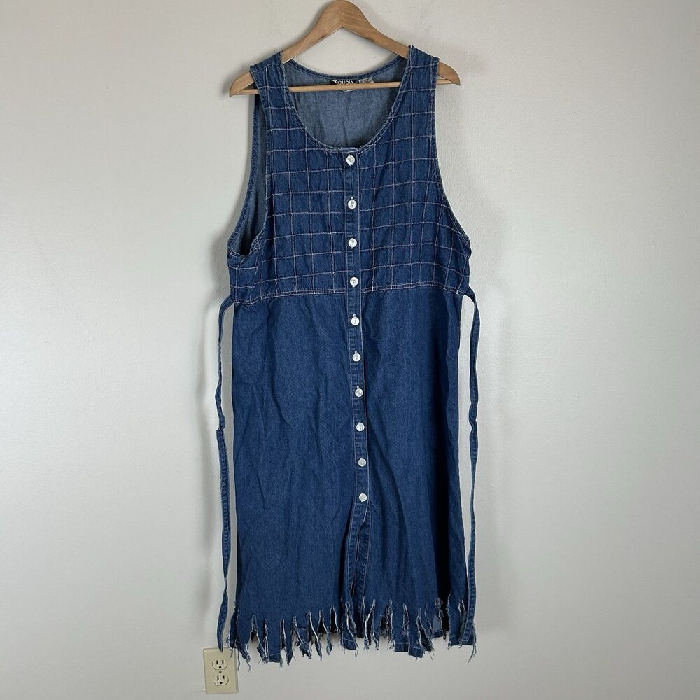 Plus 2X Dress Jean Denim Midi Jumper Button Front Shirt Sleeveless 90s Vtg